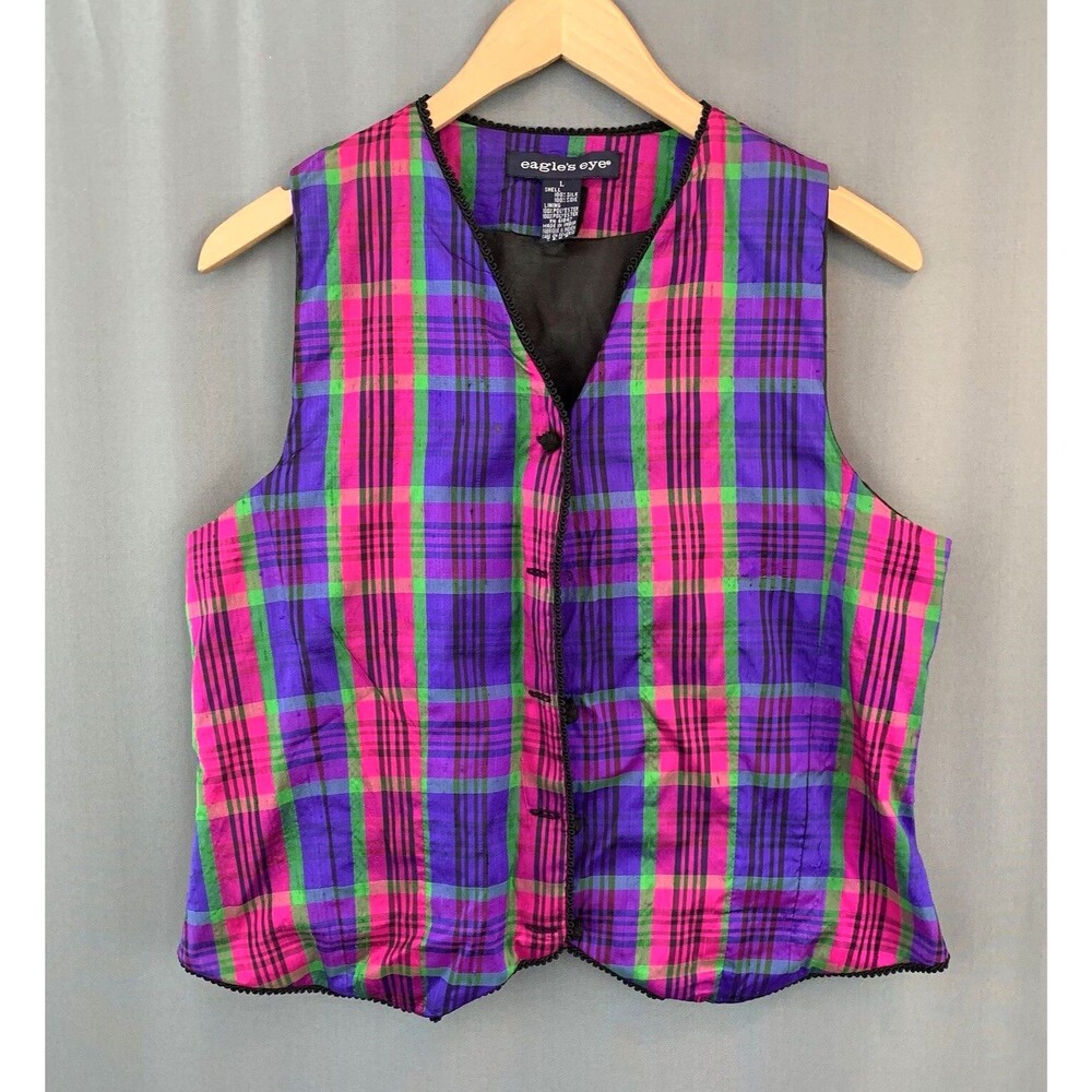 Vtg 90s Eagles Eye Tartan Plaid Silk Vest Size L Colorful Bold Preppy Schoolgirl